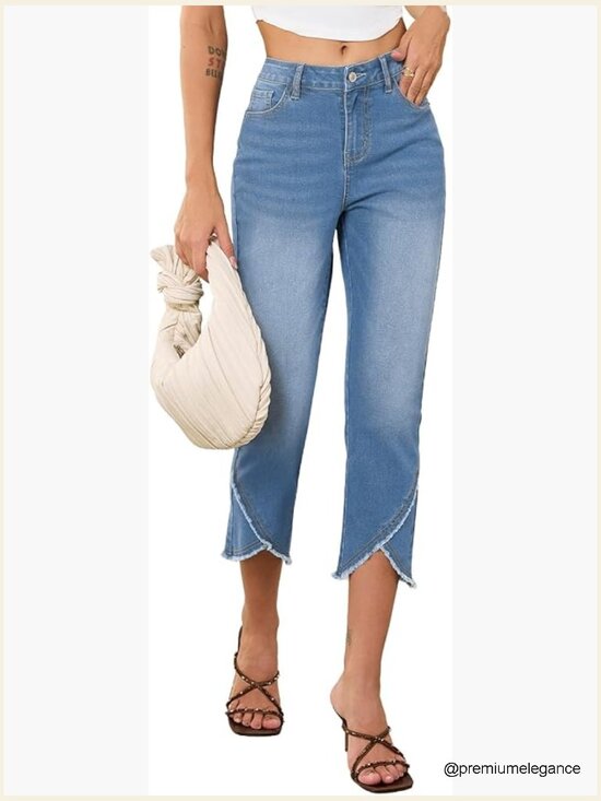 Denim - High Waisted Stretchy Cropped Skinny Jeans - Capri Pants with Pockets